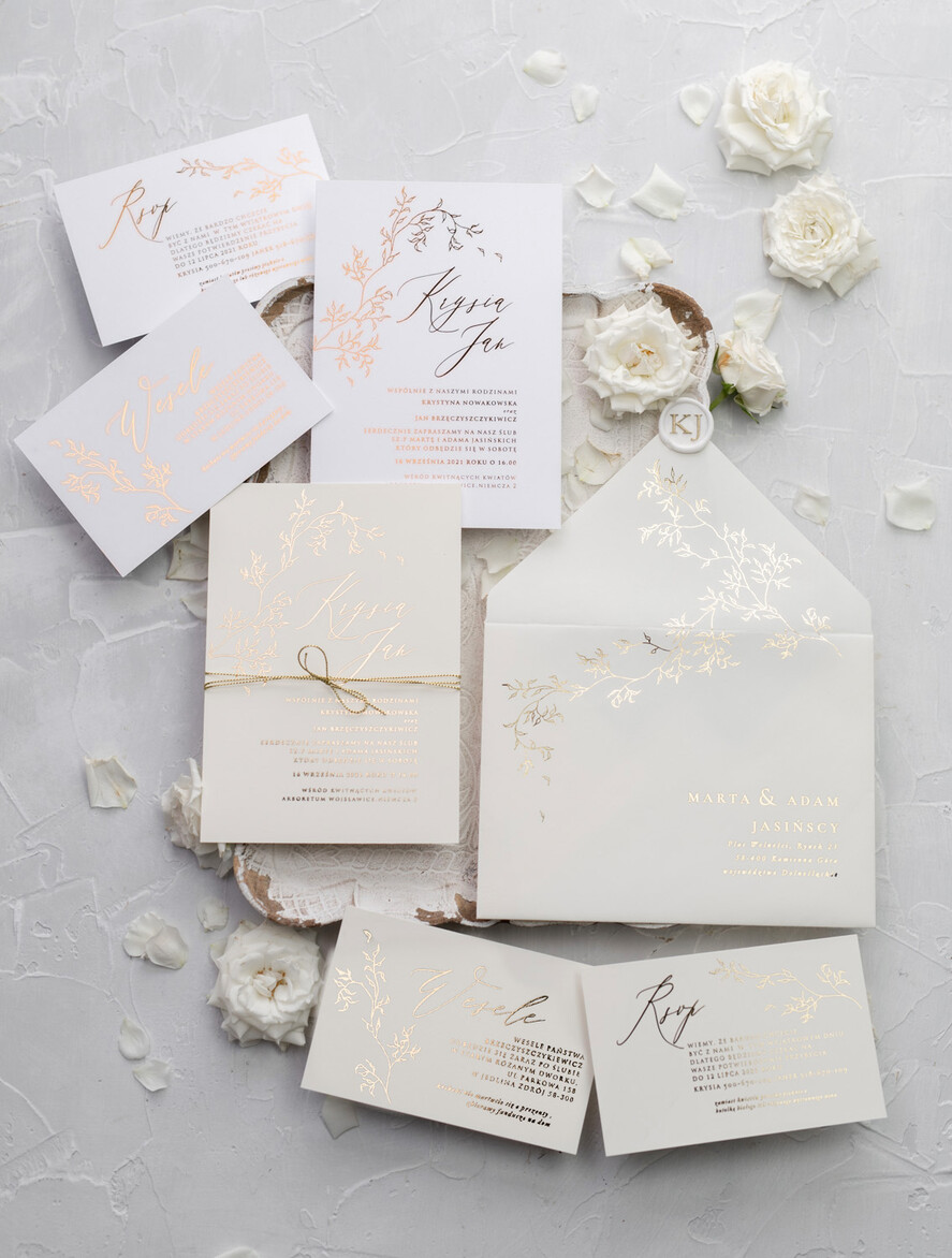 Zaproszenia ślubne Złote Glamour delikatne złote zaproszenia ślubne w eleganckim stylu glamour z motywem listków  2