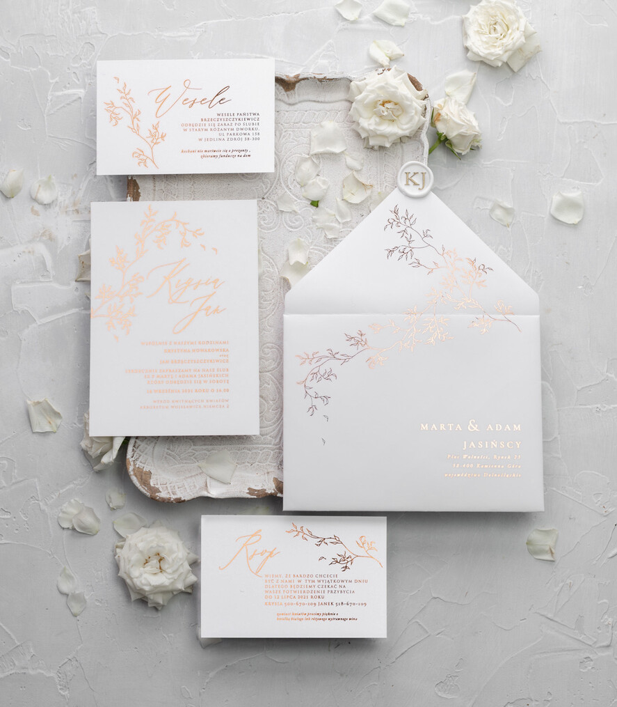 Zaproszenia ślubne Złote Glamour delikatne złote zaproszenia ślubne w eleganckim stylu glamour z motywem listków  3