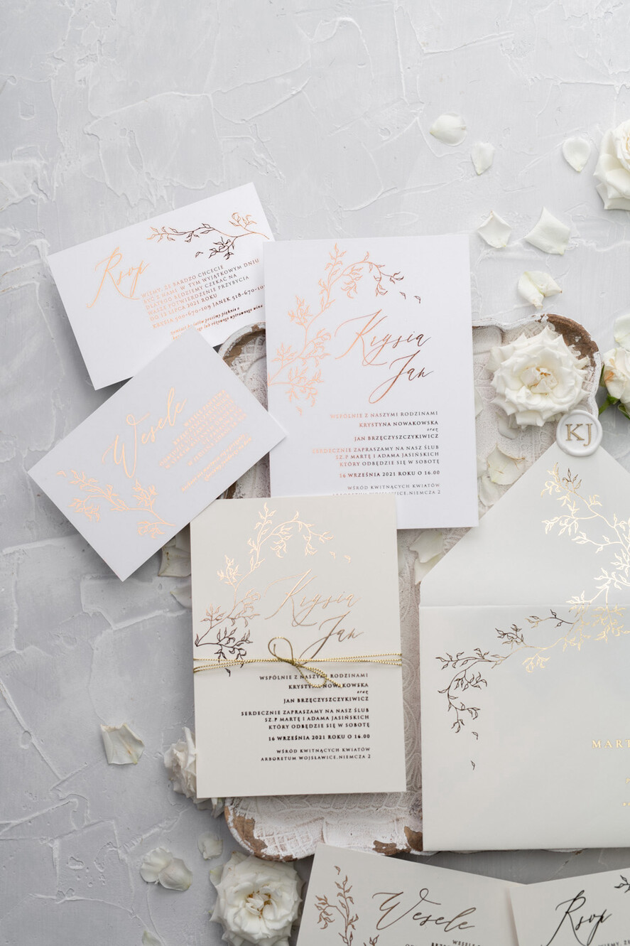 Zaproszenia ślubne Złote Glamour delikatne złote zaproszenia ślubne w eleganckim stylu glamour z motywem listków  4