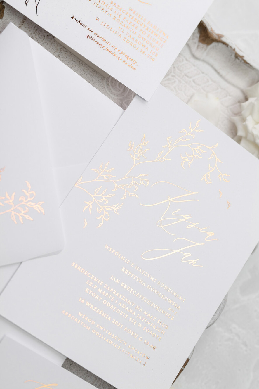 Zaproszenia ślubne Złote Glamour delikatne złote zaproszenia ślubne w eleganckim stylu glamour z motywem listków  5
