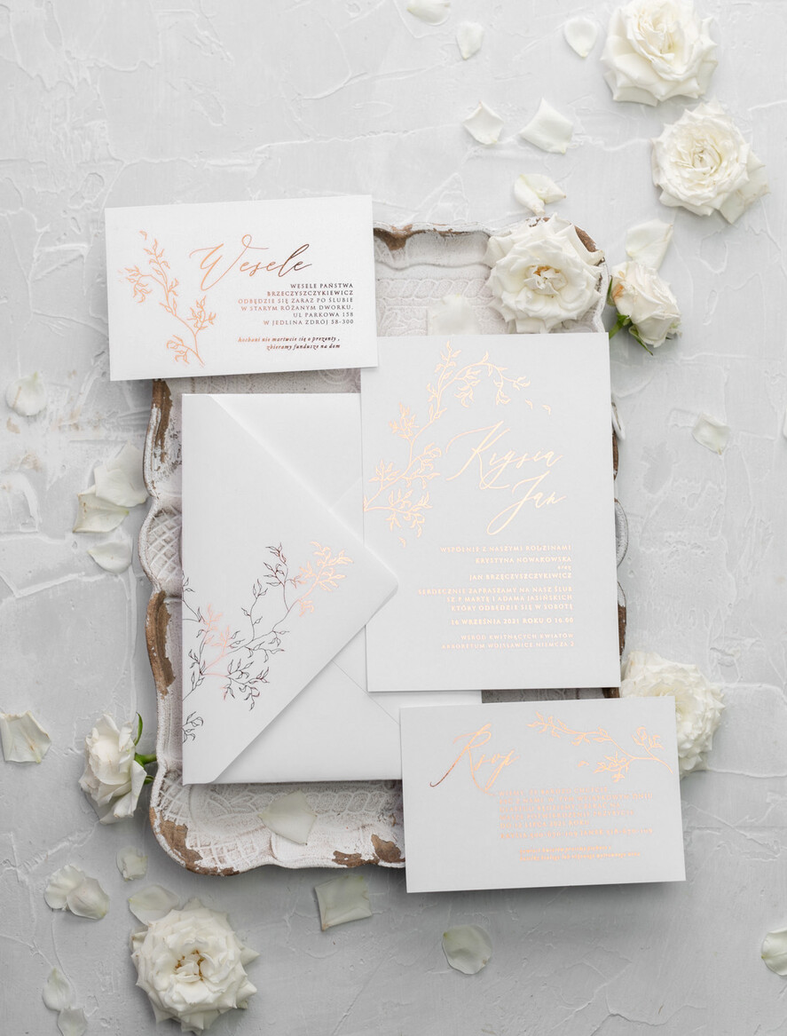 Zaproszenia ślubne Złote Glamour delikatne złote zaproszenia ślubne w eleganckim stylu glamour z motywem listków  8
