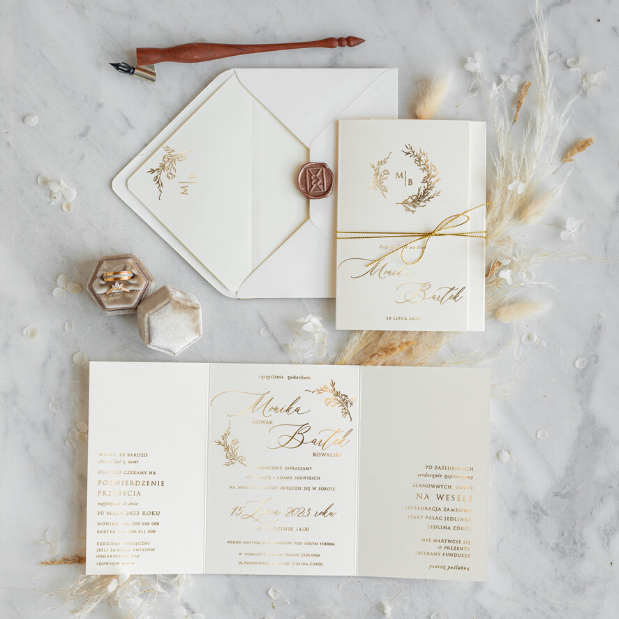Zaproszenia ślubne Złote Glamour nietypowe zaproszenia ślubne, modne laminowane litery na złoto składane zaproszenia ślubne 0