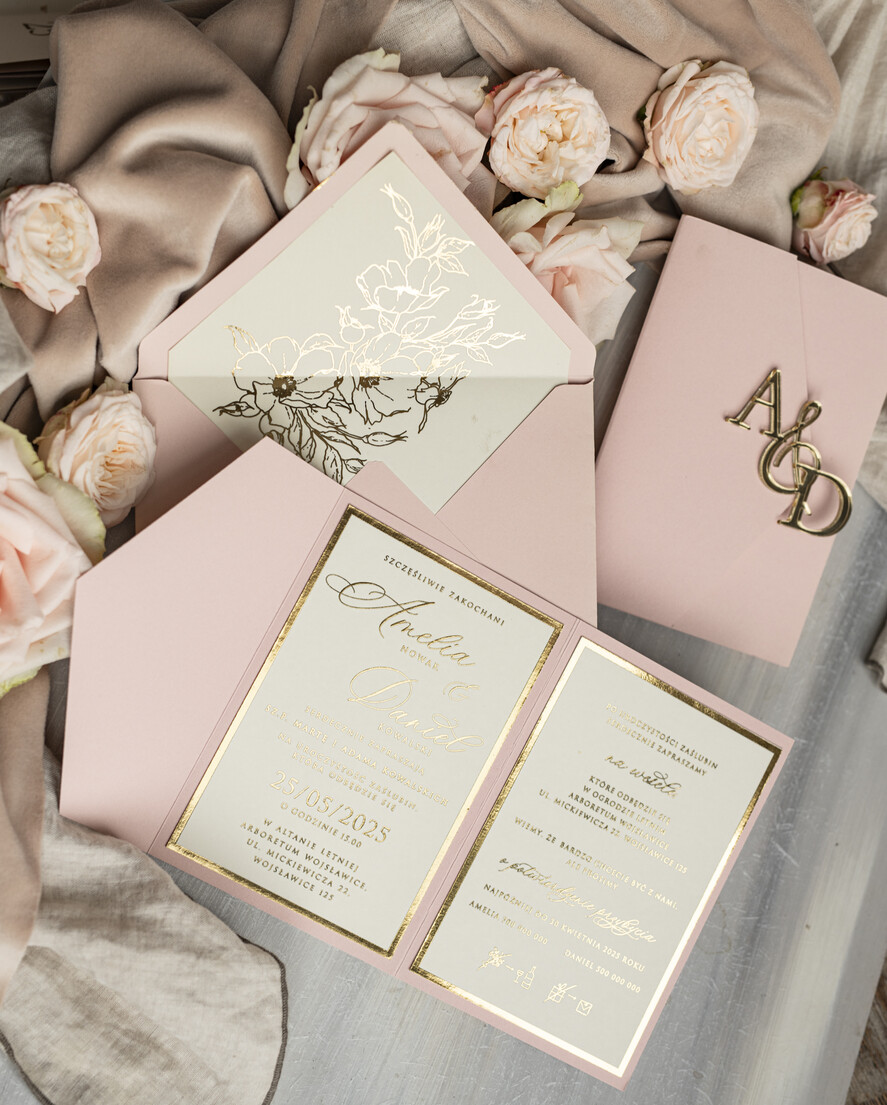 Zaproszenia ślubne Złote Glamour Eleganckie złote zaproszenia ślubne z lustrzanym monogramem, Kopertowe zaproszenie na ślub złocone, zaproszenia na ślub w stylu glamour, złote napisy na zaproszeniach ślubnych 2