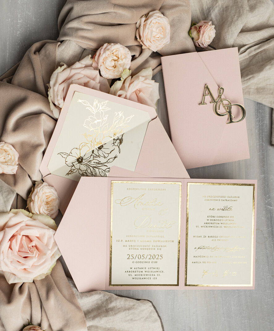 Zaproszenia ślubne Złote Glamour Eleganckie złote zaproszenia ślubne z lustrzanym monogramem, Kopertowe zaproszenie na ślub złocone, zaproszenia na ślub w stylu glamour, złote napisy na zaproszeniach ślubnych 1