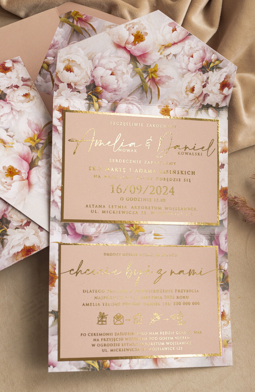 Zaproszenia ślubne Złote Glamour Kwiatowe złote zaproszenia ślubne z lustrzanym monogramem, Kopertowe różowe zaproszenie na ślub złocone, zaproszenia na slub i wesele pudrowy róż3