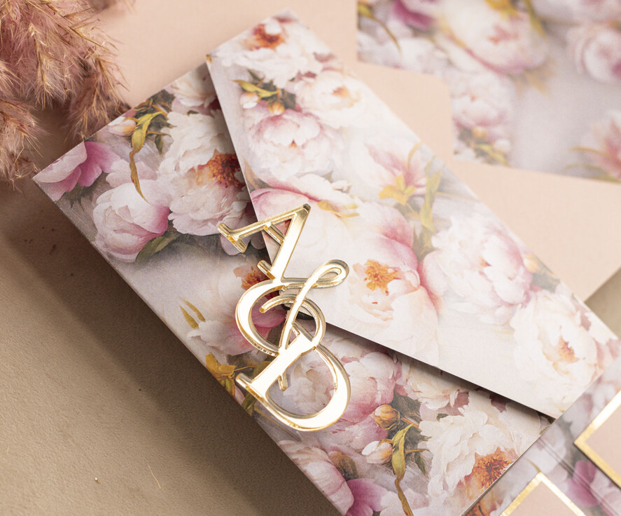 Zaproszenia ślubne Złote Glamour Kwiatowe złote zaproszenia ślubne z lustrzanym monogramem, Kopertowe różowe zaproszenie na ślub złocone, zaproszenia na slub i wesele pudrowy róż12