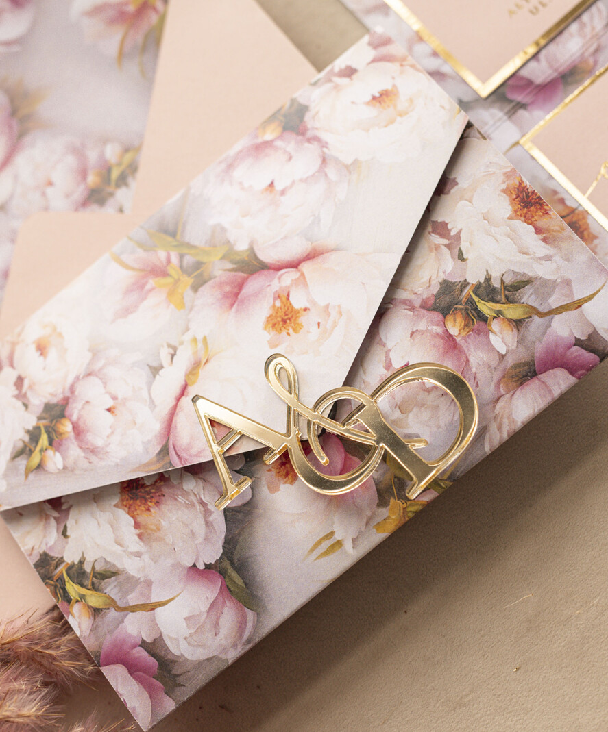 Zaproszenia ślubne Złote Glamour Kwiatowe złote zaproszenia ślubne z lustrzanym monogramem, Kopertowe różowe zaproszenie na ślub złocone, zaproszenia na slub i wesele pudrowy róż13