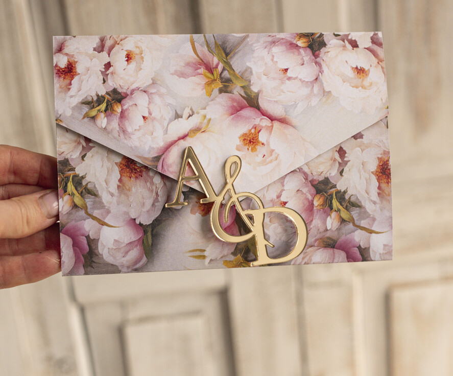 Zaproszenia ślubne Złote Glamour Kwiatowe złote zaproszenia ślubne z lustrzanym monogramem, Kopertowe różowe zaproszenie na ślub złocone, zaproszenia na slub i wesele pudrowy róż5