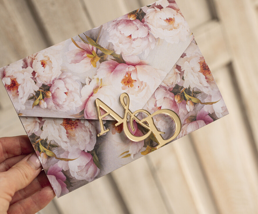 Zaproszenia ślubne Złote Glamour Kwiatowe złote zaproszenia ślubne z lustrzanym monogramem, Kopertowe różowe zaproszenie na ślub złocone, zaproszenia na slub i wesele pudrowy róż2