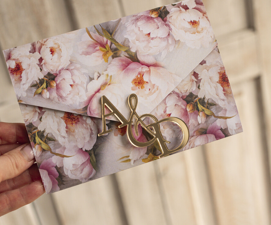Zaproszenia ślubne Złote Glamour Kwiatowe złote zaproszenia ślubne z lustrzanym monogramem, Kopertowe różowe zaproszenie na ślub złocone, zaproszenia na slub i wesele pudrowy róż6
