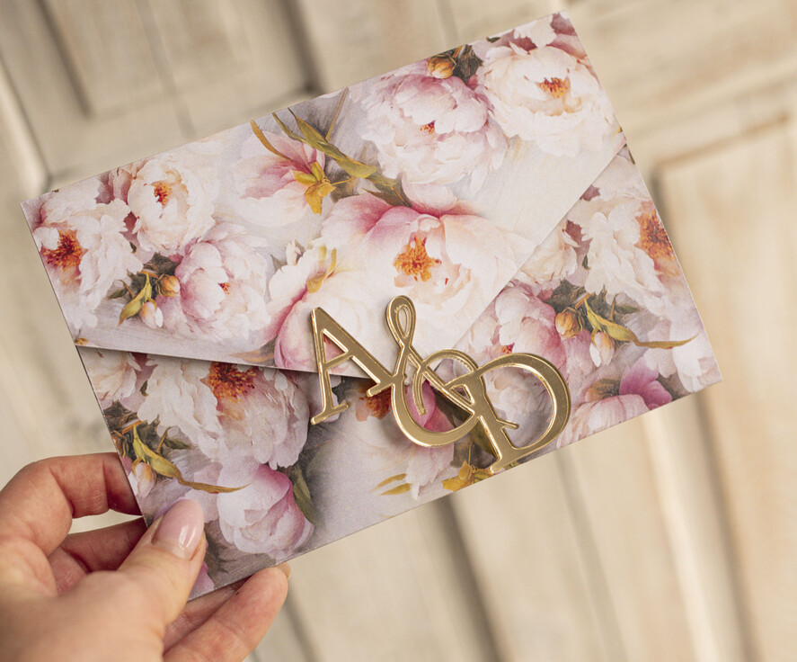 Zaproszenia ślubne Złote Glamour Kwiatowe złote zaproszenia ślubne z lustrzanym monogramem, Kopertowe różowe zaproszenie na ślub złocone, zaproszenia na slub i wesele pudrowy róż7