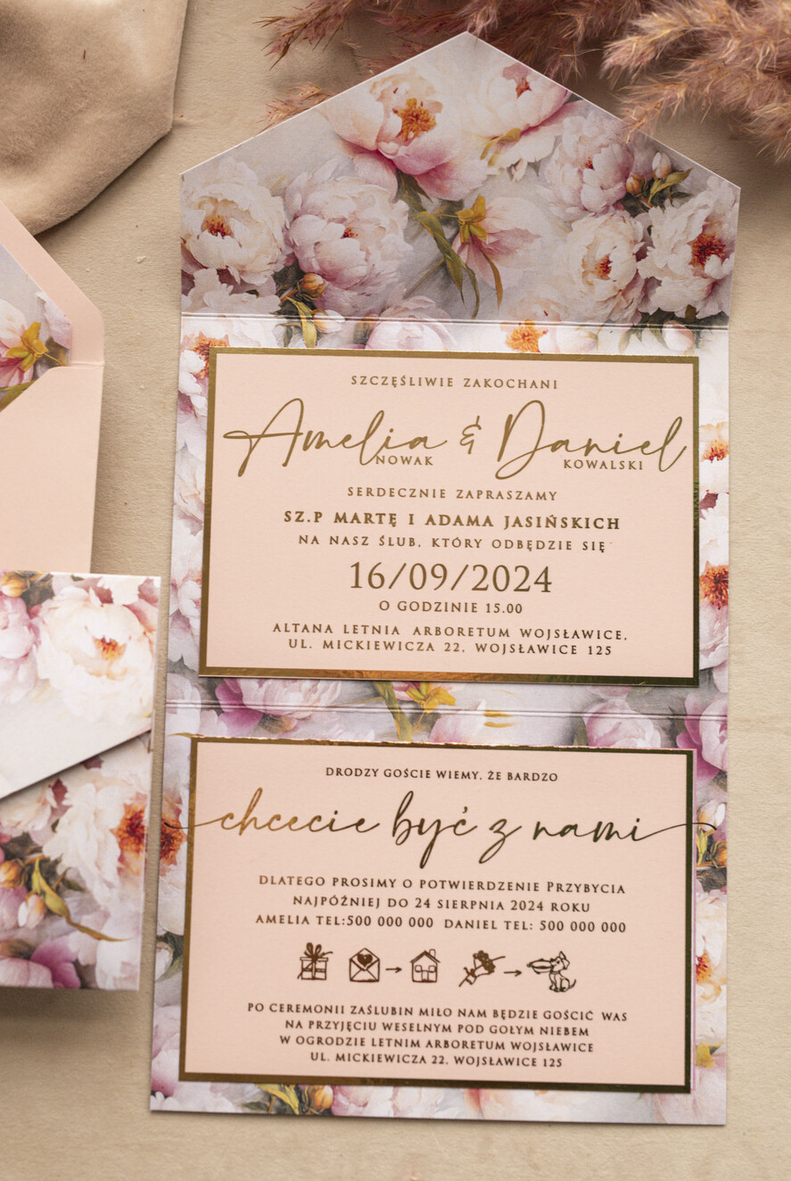 Zaproszenia ślubne Złote Glamour Kwiatowe złote zaproszenia ślubne z lustrzanym monogramem, Kopertowe różowe zaproszenie na ślub złocone, zaproszenia na slub i wesele pudrowy róż8