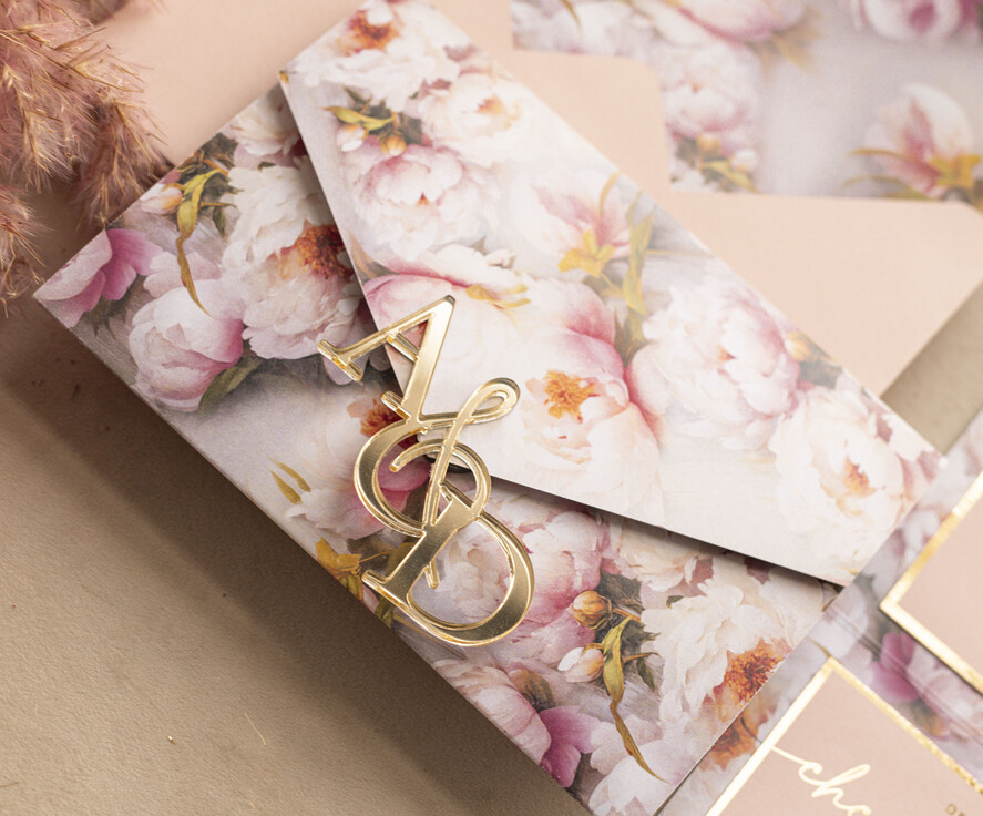 Zaproszenia ślubne Złote Glamour Kwiatowe złote zaproszenia ślubne z lustrzanym monogramem, Kopertowe różowe zaproszenie na ślub złocone, zaproszenia na slub i wesele pudrowy róż10