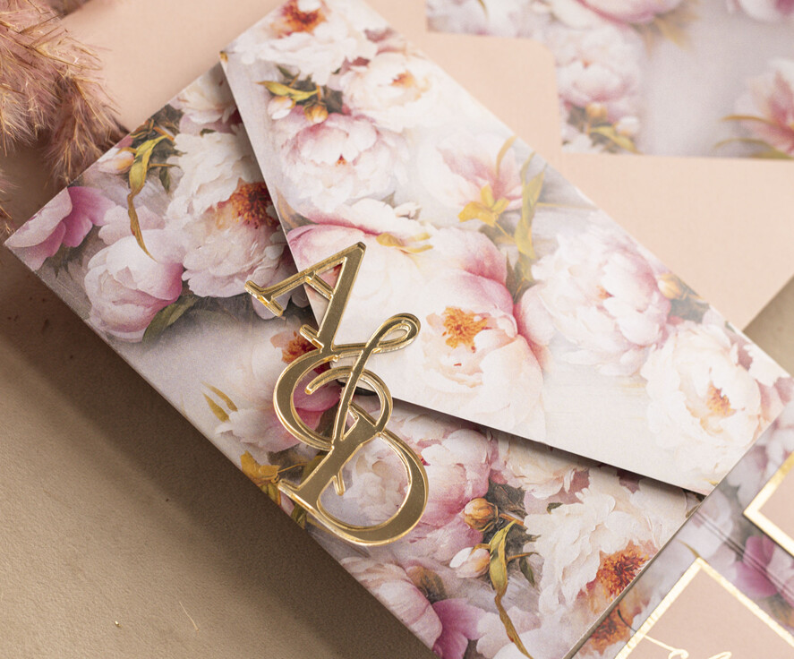 Zaproszenia ślubne Złote Glamour Kwiatowe złote zaproszenia ślubne z lustrzanym monogramem, Kopertowe różowe zaproszenie na ślub złocone, zaproszenia na slub i wesele pudrowy róż11