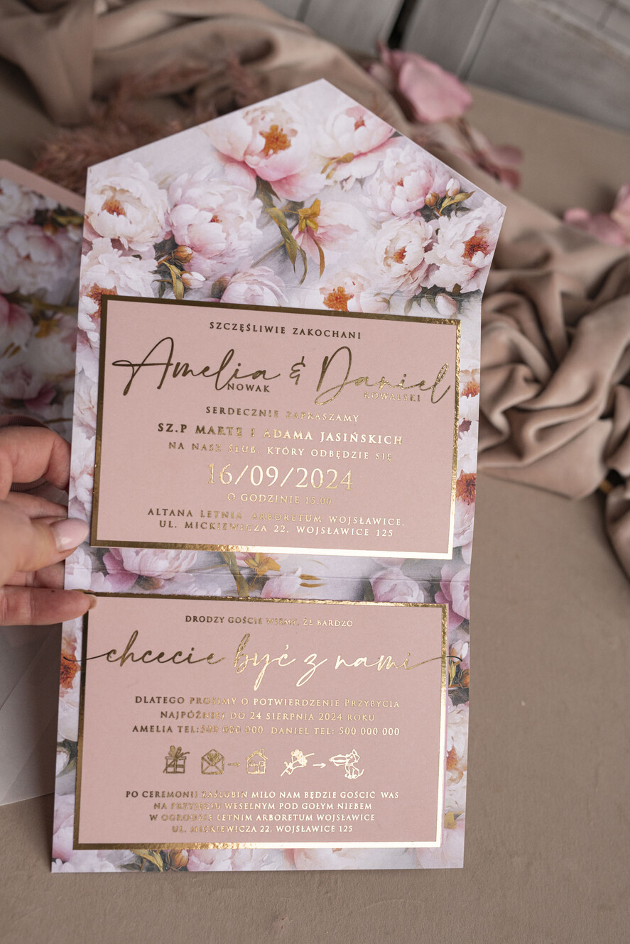 Zaproszenia ślubne Złote Glamour Kwiatowe złote zaproszenia ślubne z lustrzanym monogramem, Kopertowe różowe zaproszenie na ślub złocone, zaproszenia na slub i wesele pudrowy róż15