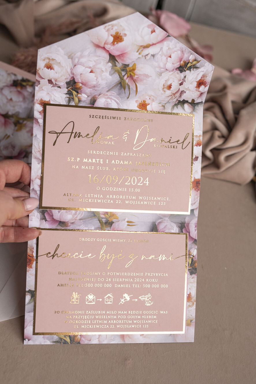 Zaproszenia ślubne Złote Glamour Kwiatowe złote zaproszenia ślubne z lustrzanym monogramem, Kopertowe różowe zaproszenie na ślub złocone, zaproszenia na slub i wesele pudrowy róż16