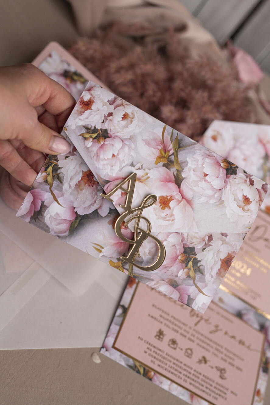 Zaproszenia ślubne Złote Glamour Kwiatowe złote zaproszenia ślubne z lustrzanym monogramem, Kopertowe różowe zaproszenie na ślub złocone, zaproszenia na slub i wesele pudrowy róż17