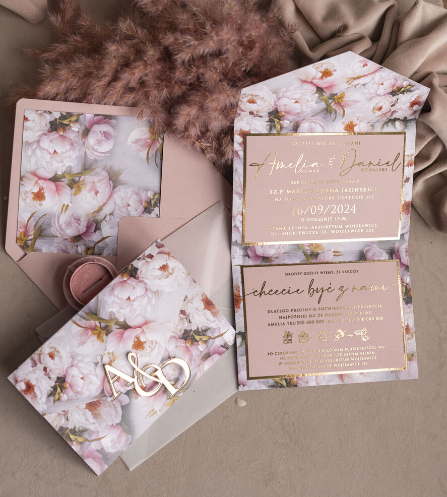 Zaproszenia ślubne Złote Glamour Kwiatowe złote zaproszenia ślubne z lustrzanym monogramem, Kopertowe różowe zaproszenie na ślub złocone, zaproszenia na slub i wesele pudrowy róż0
