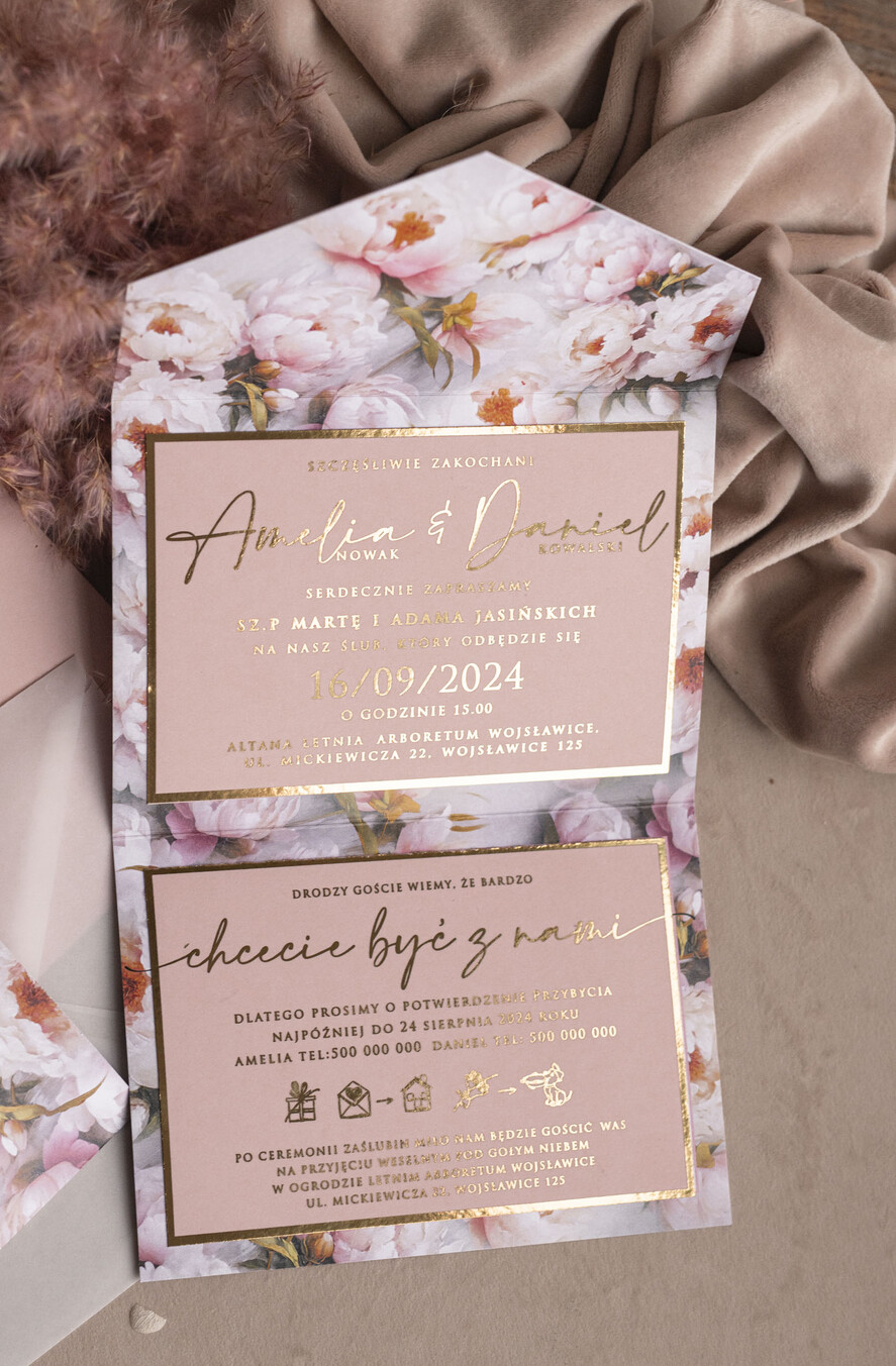 Zaproszenia ślubne Złote Glamour Kwiatowe złote zaproszenia ślubne z lustrzanym monogramem, Kopertowe różowe zaproszenie na ślub złocone, zaproszenia na slub i wesele pudrowy róż20