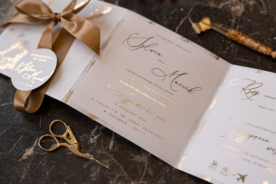 Zaproszenia ślubne Złote Glamour złote zaproszenia ślubne marmur składane harmonijkowe złocone zaproszenie na ślub marmurkowe7