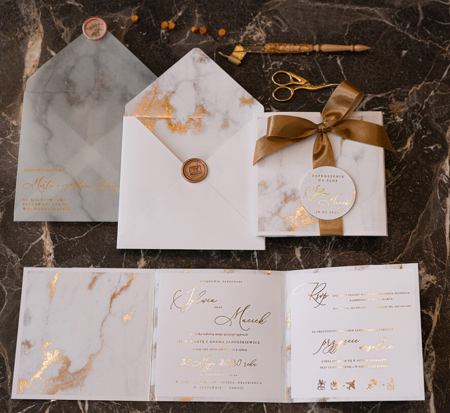Zaproszenia ślubne Złote Glamour złote zaproszenia ślubne marmur składane harmonijkowe złocone zaproszenie na ślub marmurkowe0