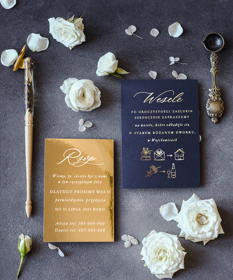 Zaproszenia ślubne Złote Glamour unikatowe zaproszenia ślubne glamour w pięknym granatowym kolorze 4
