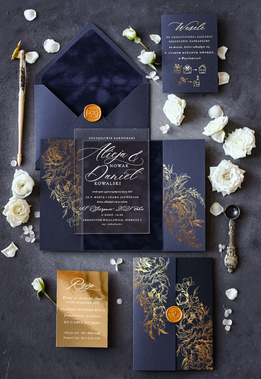 Zaproszenia ślubne Złote Glamour unikatowe zaproszenia ślubne glamour w pięknym granatowym kolorze 0