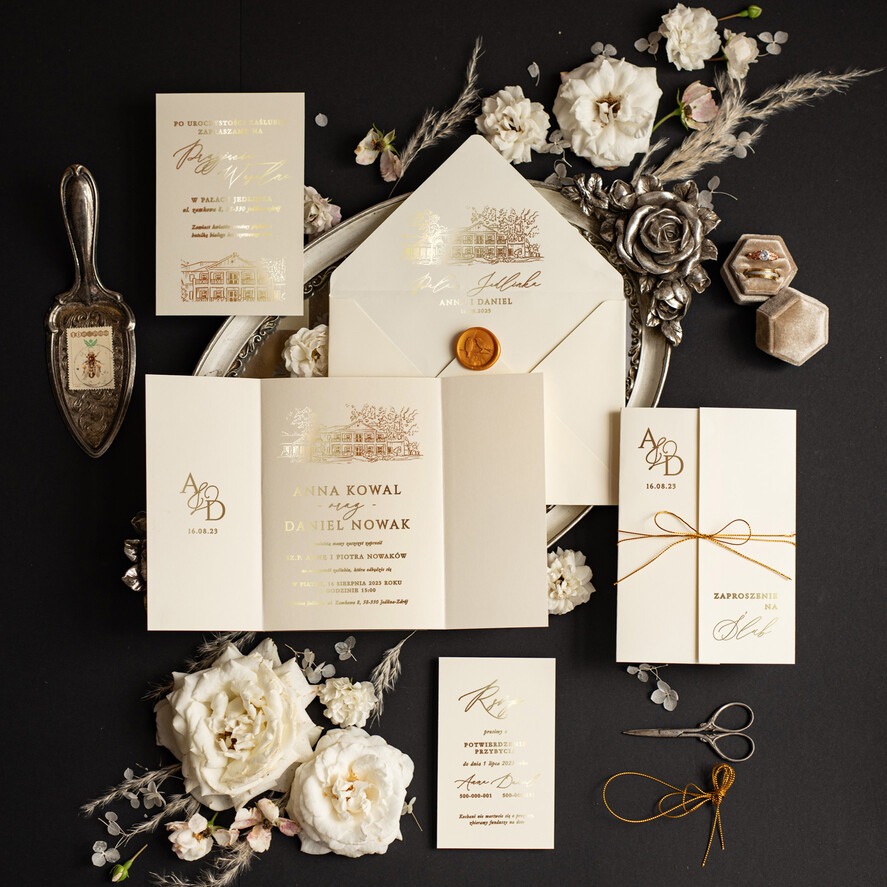 Zaproszenia ślubne Złote Glamour zaproszenia ślubne wykonywane ręcznie, proste złote zaproszenia na ślub, blyszczace zaproszenia slubne 0