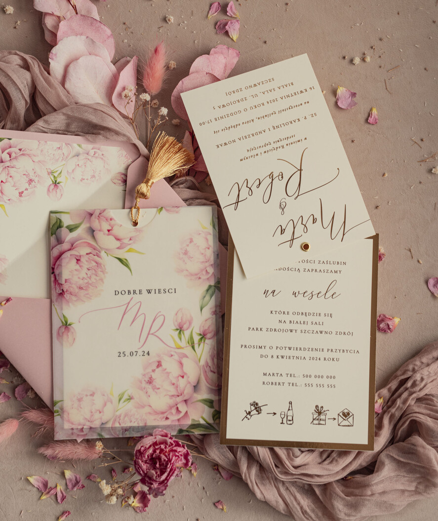 Zaproszenia ślubne Złote Glamour złote zaproszenia ślubne z kalkowym etui, różowe zaproszenie na ślub z piwoniamo złocone, zaproszenia na slub cywilny pudrowy róż peonie11