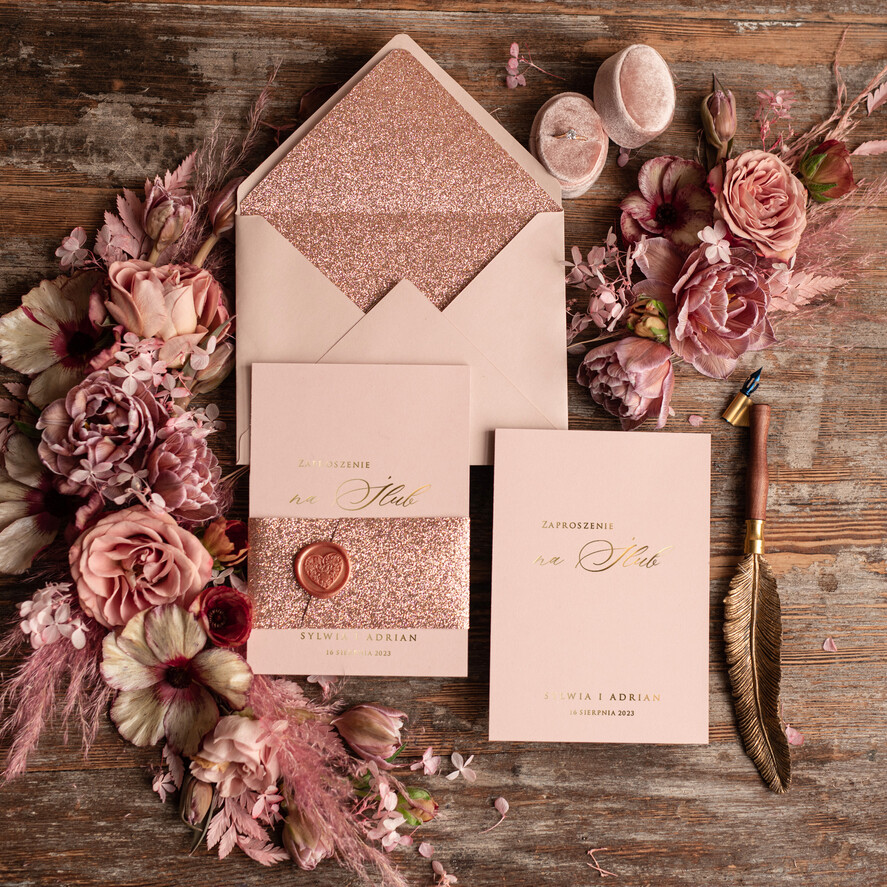 Zaproszenia ślubne Złote Glamour Rose Gold Minimalistyczne zaproszenia ślubne, złocone Brokatowe zaproszenie ślubne Nowoczesne zaproszenie na ślub 1