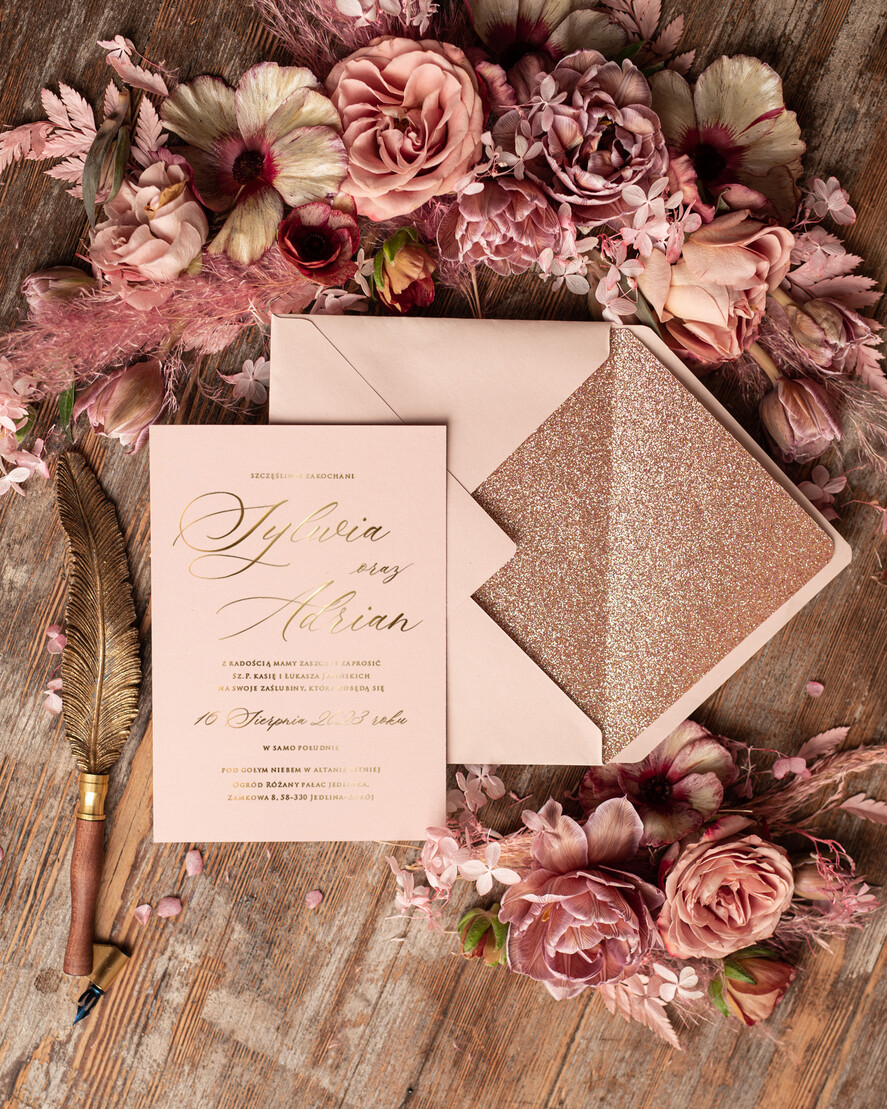 Zaproszenia ślubne Złote Glamour Rose Gold Minimalistyczne zaproszenia ślubne, złocone Brokatowe zaproszenie ślubne Nowoczesne zaproszenie na ślub 2