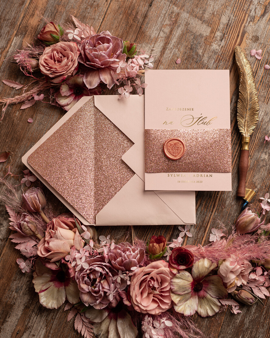 Zaproszenia ślubne Złote Glamour Rose Gold Minimalistyczne zaproszenia ślubne, złocone Brokatowe zaproszenie ślubne Nowoczesne zaproszenie na ślub 3