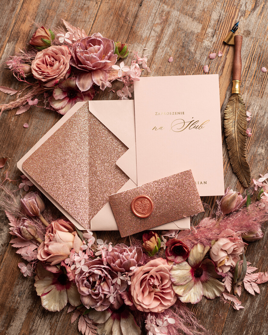 Zaproszenia ślubne Złote Glamour Rose Gold Minimalistyczne zaproszenia ślubne, złocone Brokatowe zaproszenie ślubne Nowoczesne zaproszenie na ślub 4
