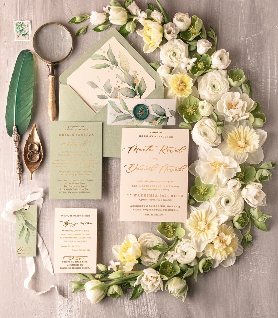 Zaproszenia ślubne Złote Glamour wyjątkowe zaproszenia ślubne glamour złote napisy zaproszenia na ślub w zielonych kolorach 2