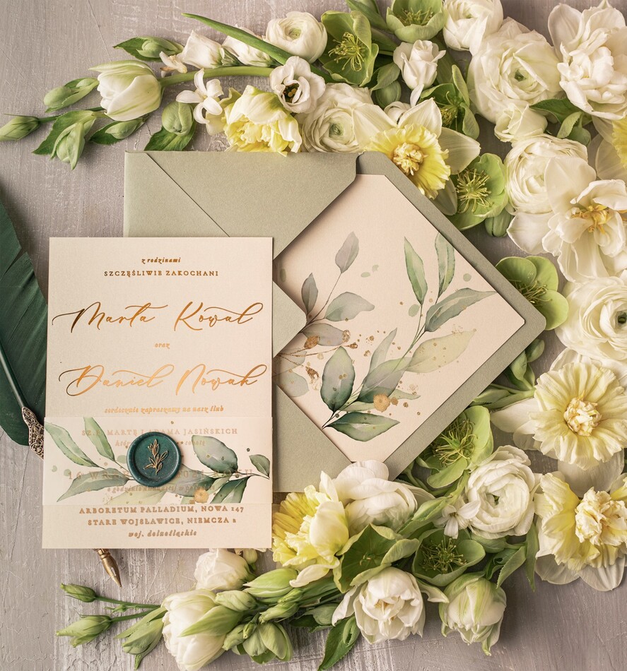 Zaproszenia ślubne Złote Glamour wyjątkowe zaproszenia ślubne glamour złote napisy zaproszenia na ślub w zielonych kolorach 3