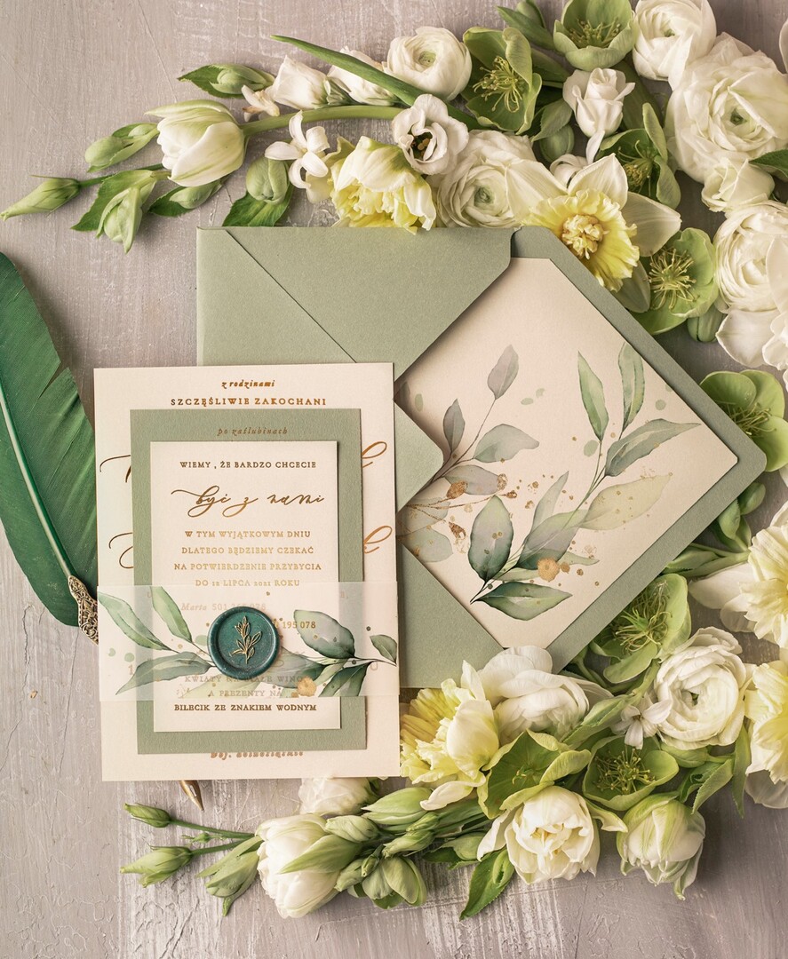 Zaproszenia ślubne Złote Glamour wyjątkowe zaproszenia ślubne glamour złote napisy zaproszenia na ślub w zielonych kolorach 4
