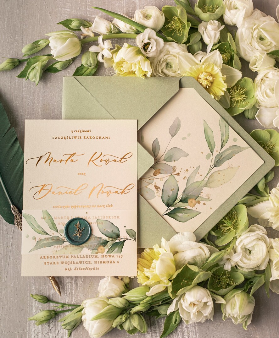 Zaproszenia ślubne Złote Glamour wyjątkowe zaproszenia ślubne glamour złote napisy zaproszenia na ślub w zielonych kolorach 0