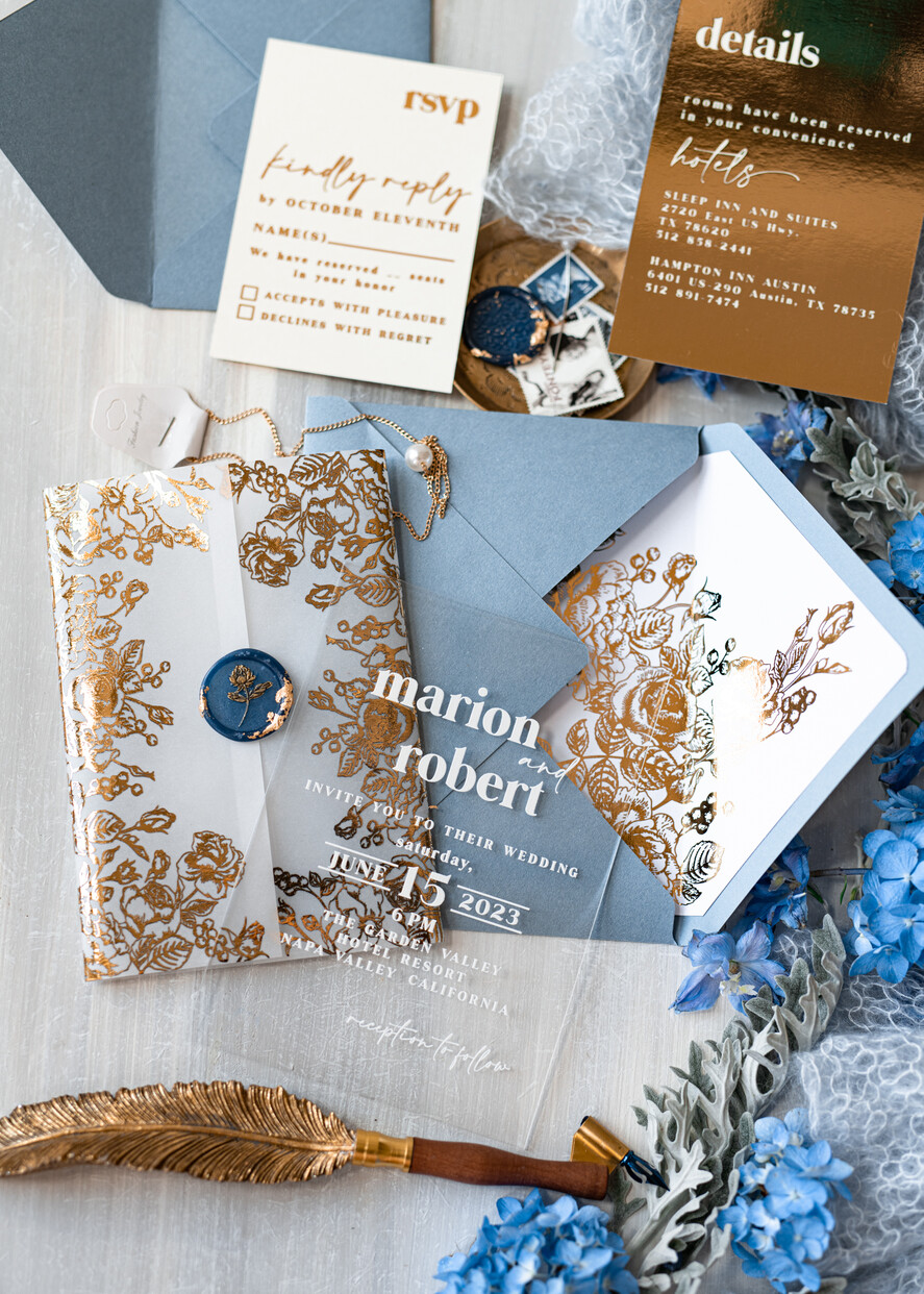 Zaproszenia ślubne Złote Glamour eleganckie zaproszenia ślubne, złote zaproszenia na ślub, niebieskie zaproszenia slubne, akrylowe zaproszenia na ślub zaproszenia glamour z lakiem10