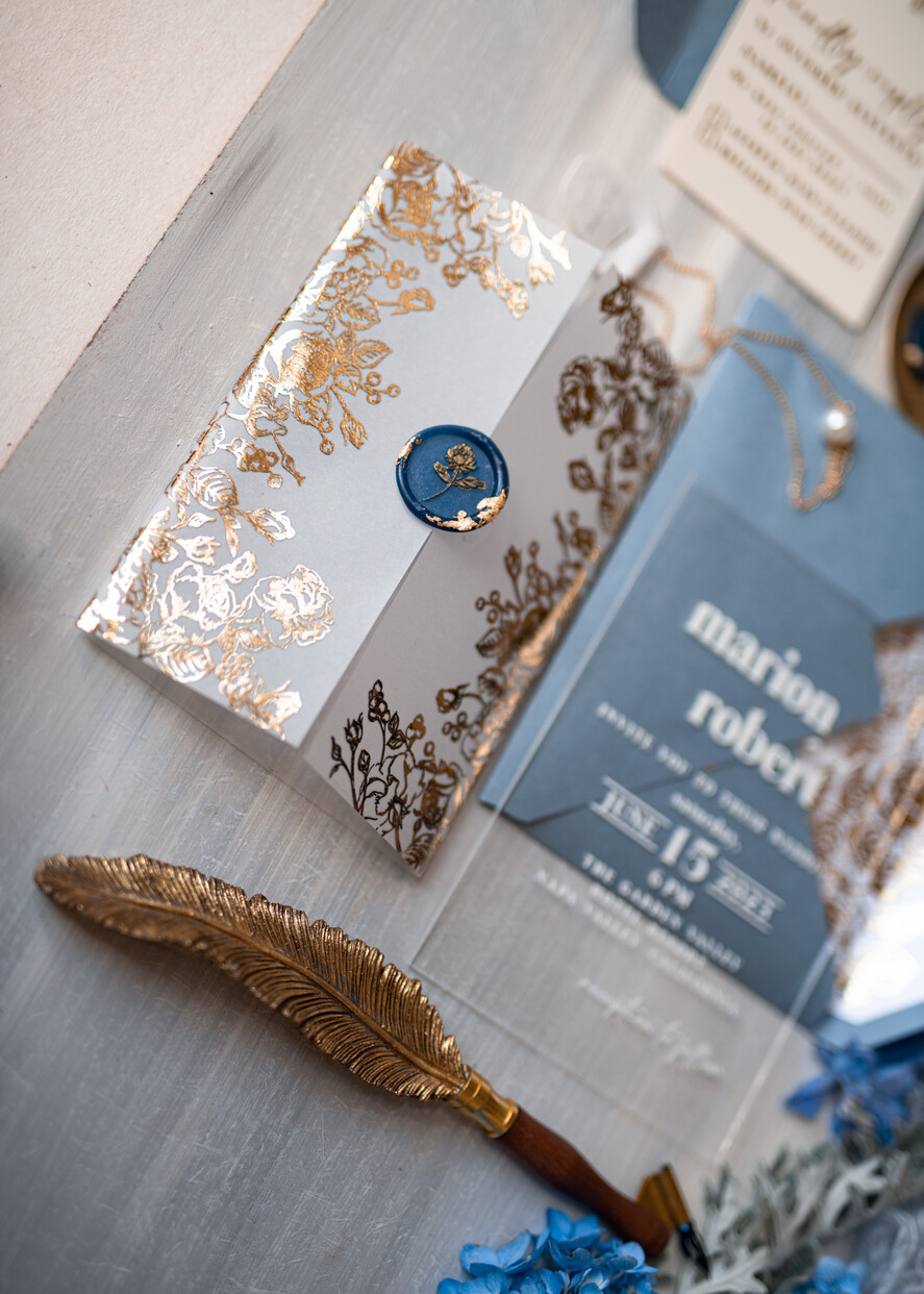 Zaproszenia ślubne Złote Glamour eleganckie zaproszenia ślubne, złote zaproszenia na ślub, niebieskie zaproszenia slubne, akrylowe zaproszenia na ślub zaproszenia glamour z lakiem14