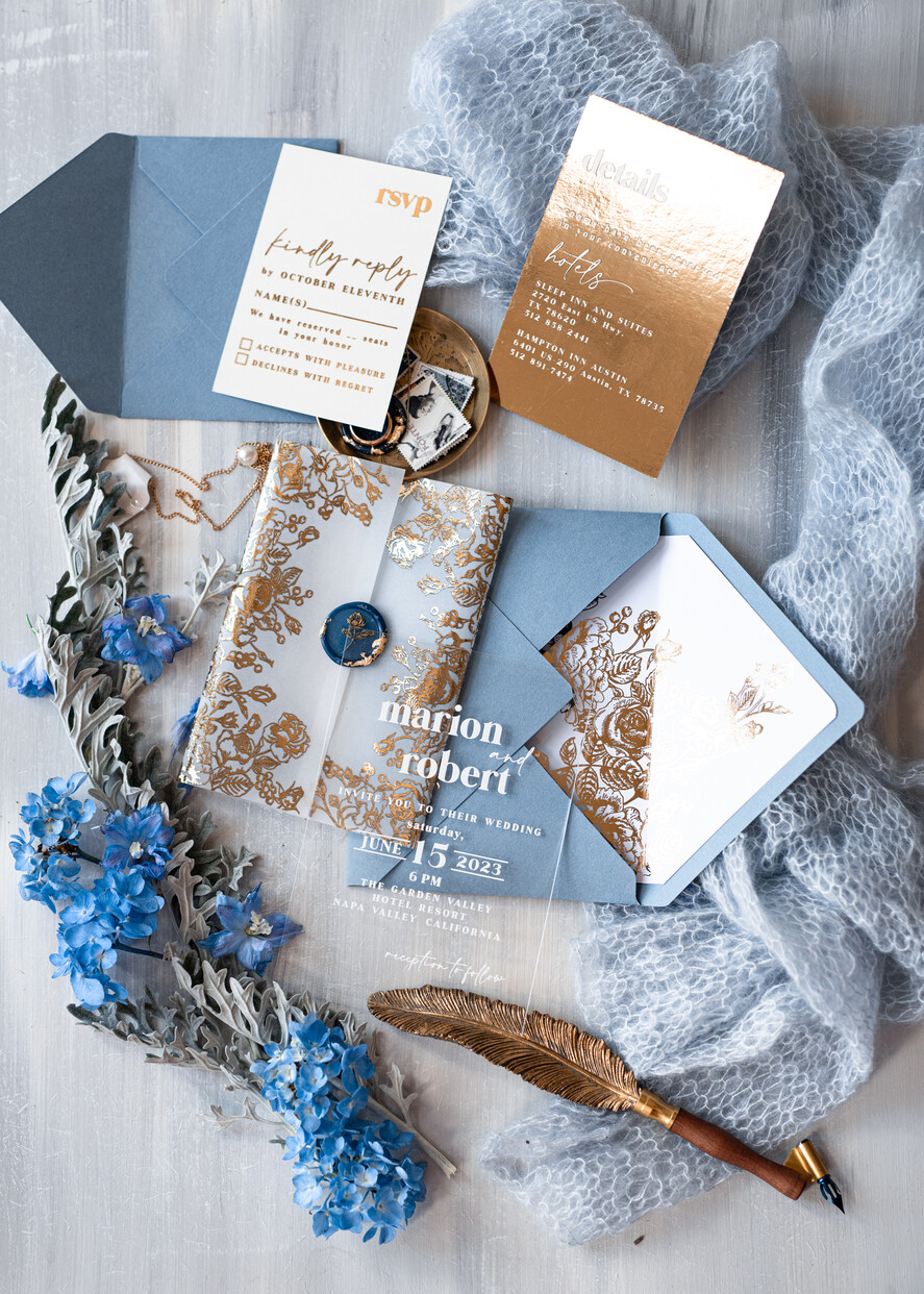 Zaproszenia ślubne Złote Glamour eleganckie zaproszenia ślubne, złote zaproszenia na ślub, niebieskie zaproszenia slubne, akrylowe zaproszenia na ślub zaproszenia glamour z lakiem8