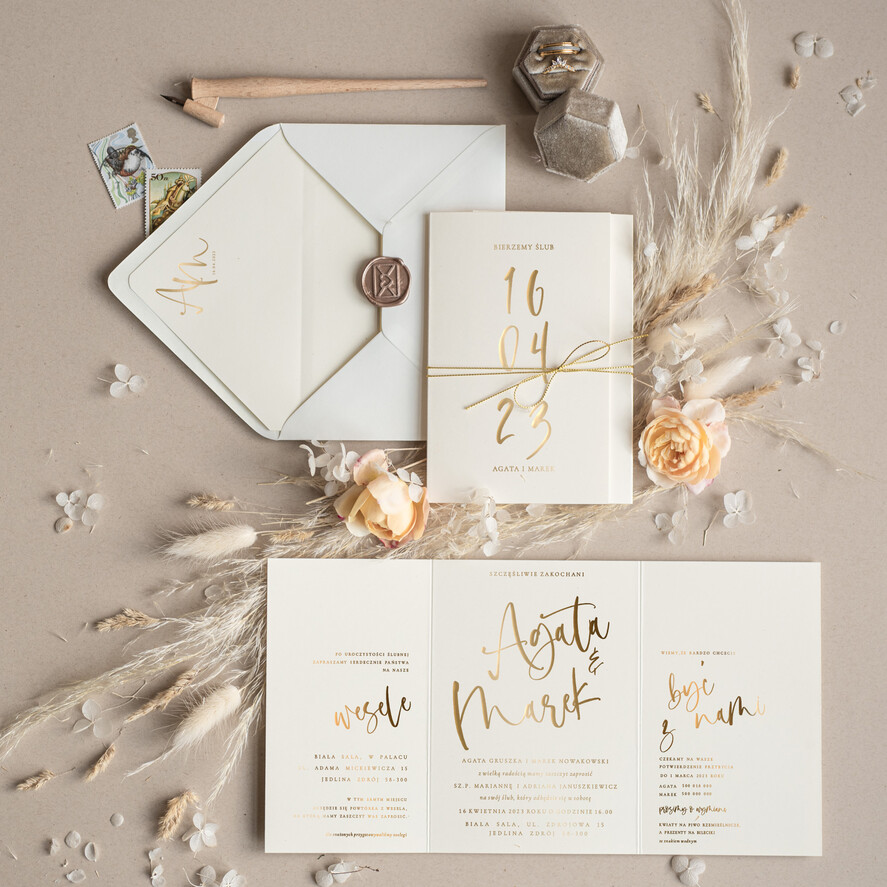 Zaproszenia ślubne Złote Glamour niepowtarzalne zaproszenia ślubne, glamour błyszczące złote litery składane zaproszenia ze sznurkiem 0