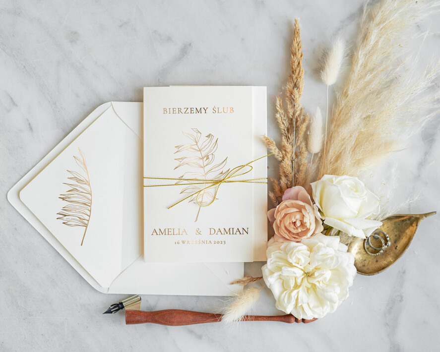 Zaproszenia ślubne Złote Glamour oryginalne zaproszenia na ślub, klasyczne złote i błyszczące, grafika liście na zaproszeniach 1