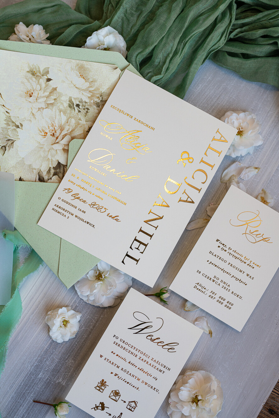 Zaproszenia ślubne Złote Glamour szałwiowe zaproszenia na ślub, nowoczesne zaproszenia w kolorze szałwii, zaproszenia ślubne ze złotymi literami, eleganckie zaproszenia ślubne3