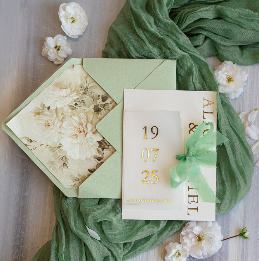 Zaproszenia ślubne Złote Glamour szałwiowe zaproszenia na ślub, nowoczesne zaproszenia w kolorze szałwii, zaproszenia ślubne ze złotymi literami, eleganckie zaproszenia ślubne6