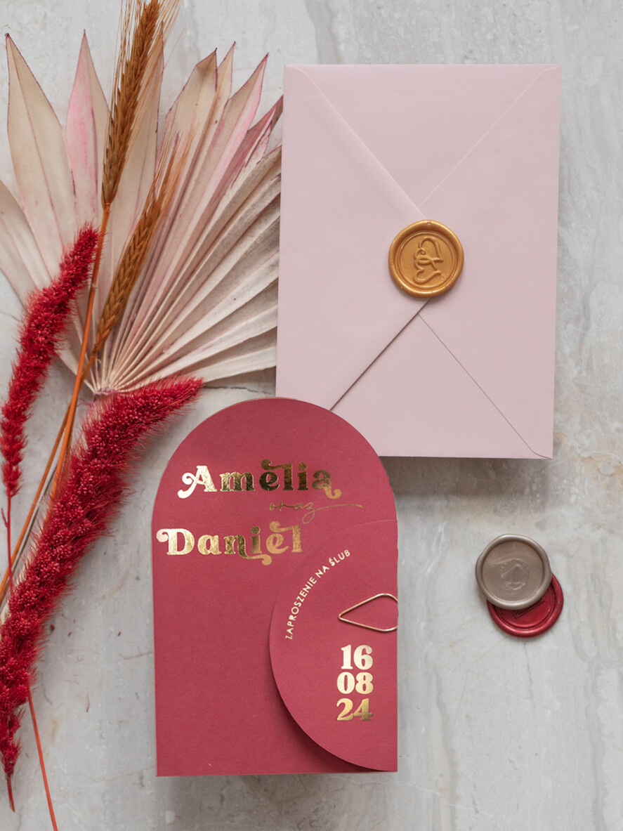 Zaproszenia ślubne Złote Glamour bordowe Nowoczesne Złote Zaproszenia ślubne Składane Serce, Złocone Minimalistyczne Zaproszenie na Ślub, Proste Zaproszenie ślubne z ozdobnym spinaczem 9