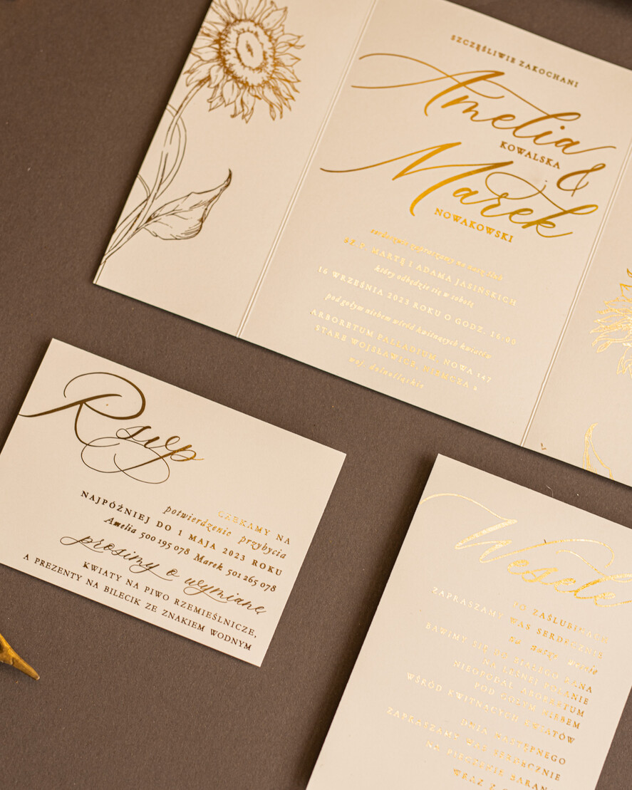 Zaproszenia ślubne Złote Glamour Złote Minimalistyczne zaproszenia ślubne, złocone Słoneczniki zaproszenie ślubne Nowoczesne zaproszenie na ślub ze słonecznikami1