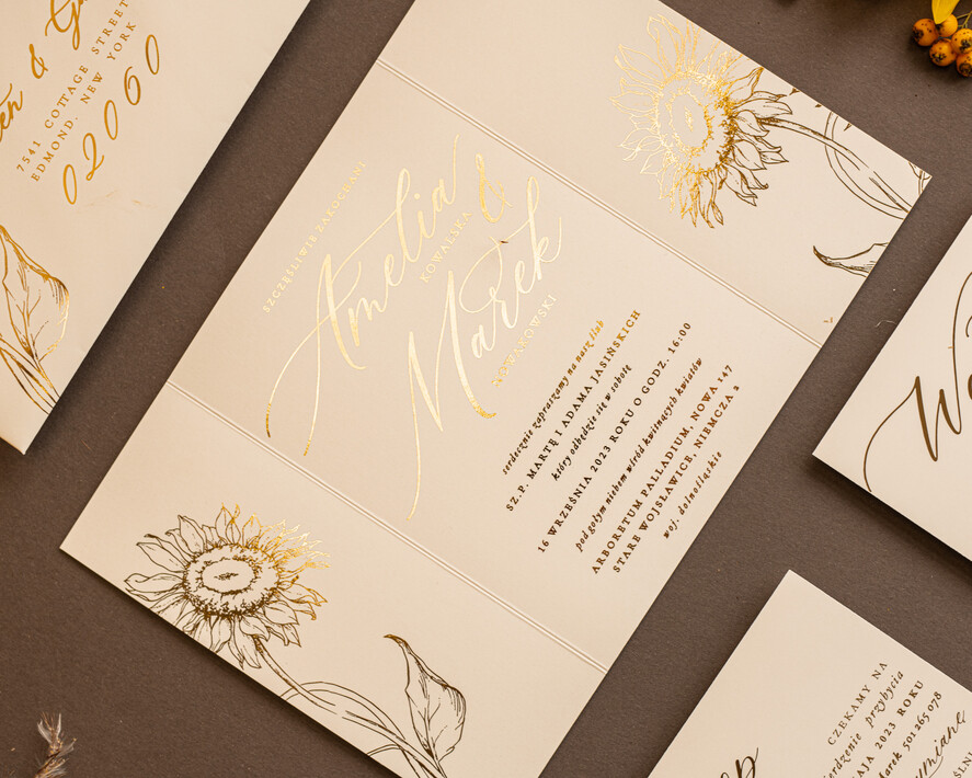 Zaproszenia ślubne Złote Glamour Złote Minimalistyczne zaproszenia ślubne, złocone Słoneczniki zaproszenie ślubne Nowoczesne zaproszenie na ślub ze słonecznikami5