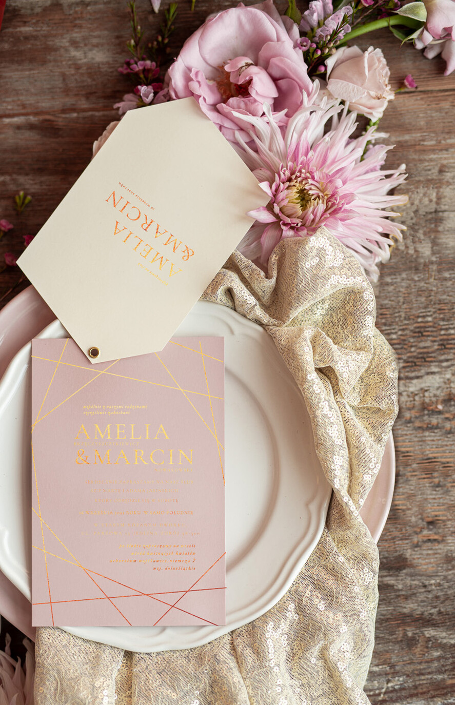 Zaproszenia ślubne Złote Glamour złote zaproszenia ślubne geometryczne minimalistyczne różowe ze zlotym zaproszenie na ślub 1