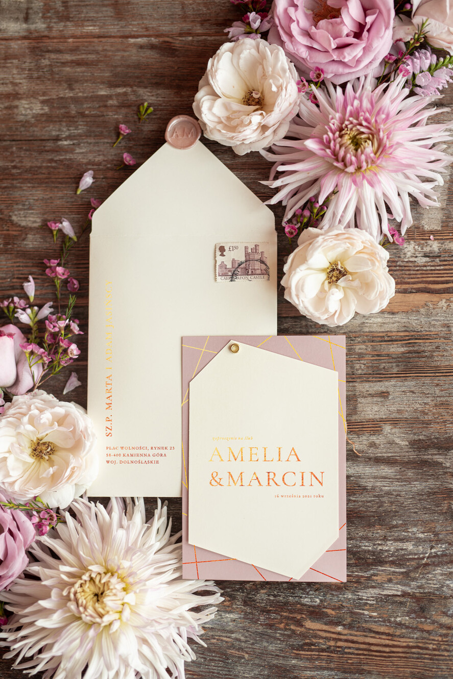 Zaproszenia ślubne Złote Glamour złote zaproszenia ślubne geometryczne minimalistyczne różowe ze zlotym zaproszenie na ślub 2