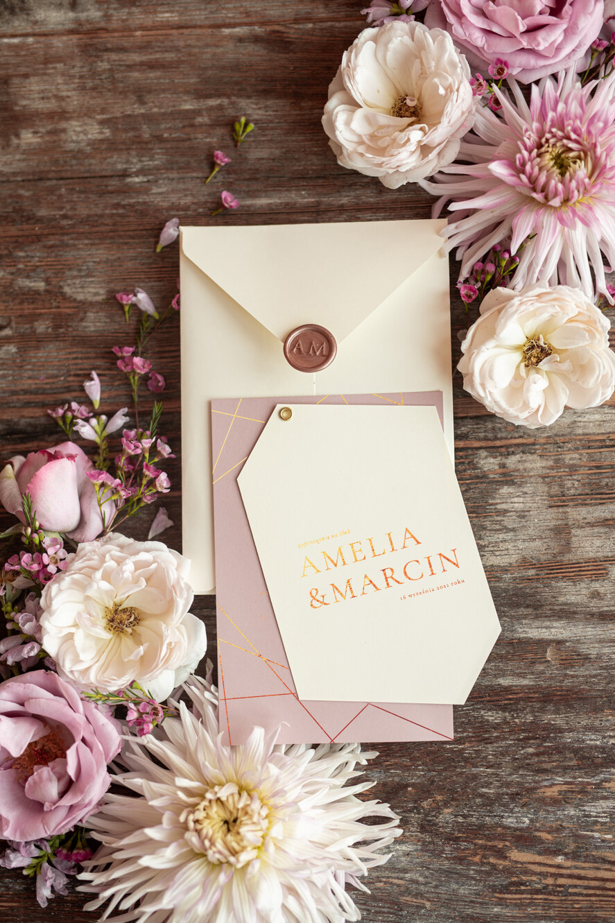 Zaproszenia ślubne Złote Glamour złote zaproszenia ślubne geometryczne minimalistyczne różowe ze zlotym zaproszenie na ślub 0
